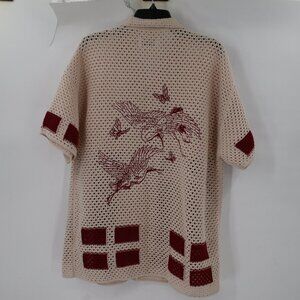Ryoko Rain Shirt Men XL Button Up Open Knit Short Sleeve crochet crane butterfly